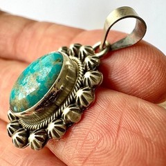 Navajo Turquoise Pendant 1.25 in Signed Skeets Oval Sterling Antiqued Stars
