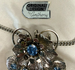 Vtg Pendant Brooch Pin & Earrings Blue Rhinestone Silver Tone Design by Anthony