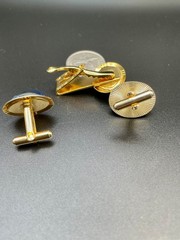 Vintage Blue Foil Art Glass Cufflinks Tie Clip Set Gold Tone Oval MCM 3 Piece