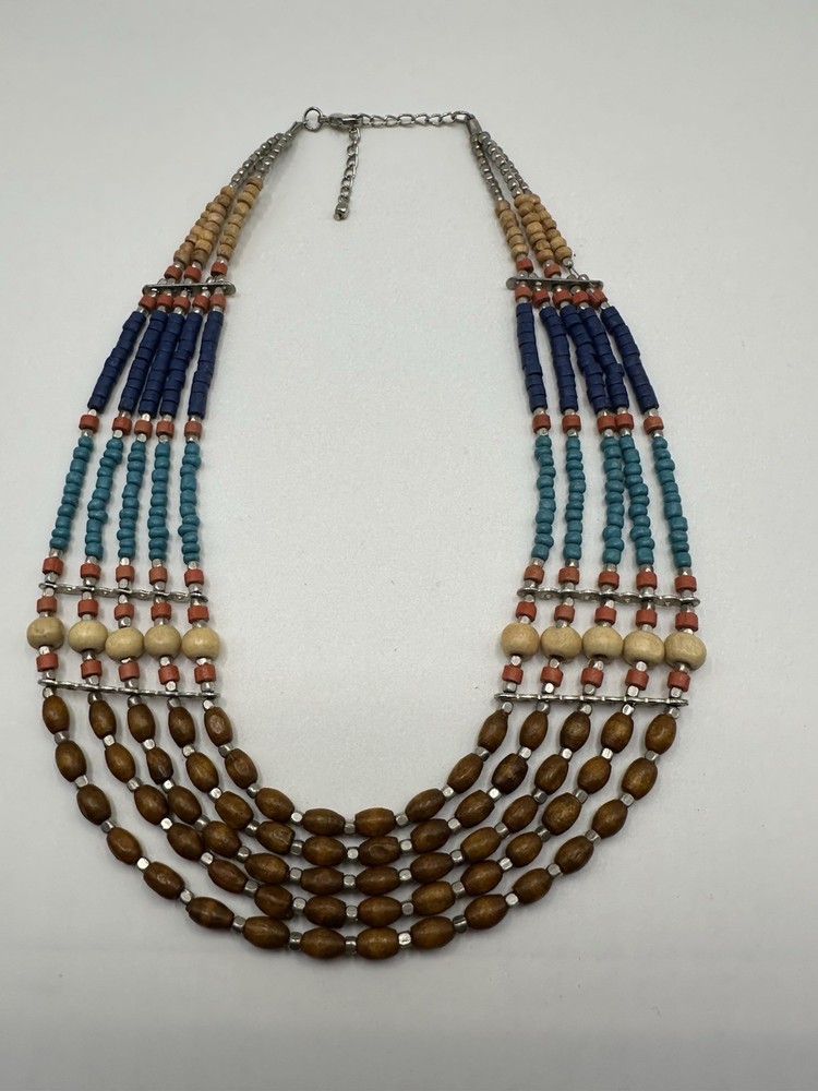 Multi Strand Layered Wood Multi Color Beaded Necklace African 16”