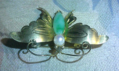 14K Gold – Jade – Pearl – Butterfly Brooch Vintage Pin 1.5″ x 1.25″