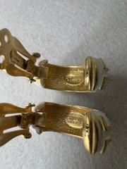 Vintage LANVIN PARIS Logo Enamel Gold Tone Clip Earrings – 1” Long – Estate