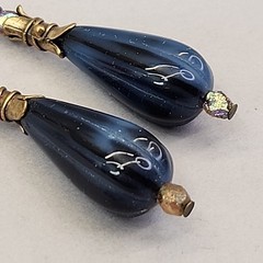 Vintage Czech Glass Bead Pierced Earrings Blue Teardrop Dangles Gold Tone 2.25″