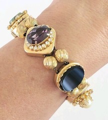 Vtg Victorian Revival Slide Charm Bracelet Signed Safety Chain Cameo 6.5