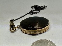 Victorian Double Sided Oval Banded Agate & Agate Locket Pendant Necklace 18”
