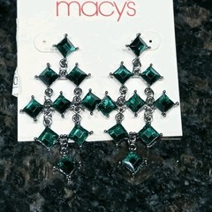 Green Rhinestone Earrings Dangle Silver tone Boho 80’s style Macy’s Vintage 2 in