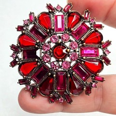 VTG Large Flower Snowflake Brooch Pin Red Fuchsia Pink Purple Glass Rhinestones