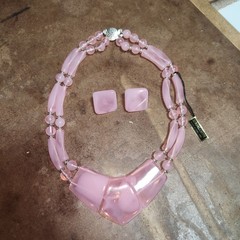 Vtg 80’s Pink Lucite Necklace Earring Set Hong Kong Moonglow Geometric Statement
