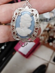 Oval Cameo Pendant Necklace Blue & White Cameo on a Sterling Chain