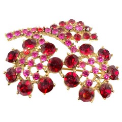 Dimensional Red and Pink Rhinestone Floral Bouquet Brooch