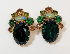 Vintage Green AB Light Brown Rhinestone Dog Tooth Prong Juliana Earrings