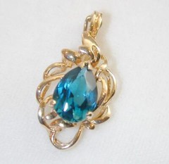 14k Yellow Gold Pear Shape London Blue Topaz Pendant Enhancer Estate