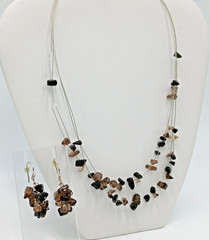 VTG 925 ATI Necklace Earrings Set 20in Smoky Quartz Black Onyx Chip Beads READ