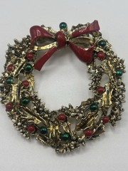 Vtg Enamel Christmas Wreath Brooch Pin Fashion Jewelry Holiday Signed Gerry’s