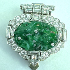 Vintage Platinum Gold Diamond Jade Brooch