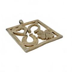 Vintage Gold Tone Good Luck Symbols Square Pendant Horseshoe Clover Heart Boho