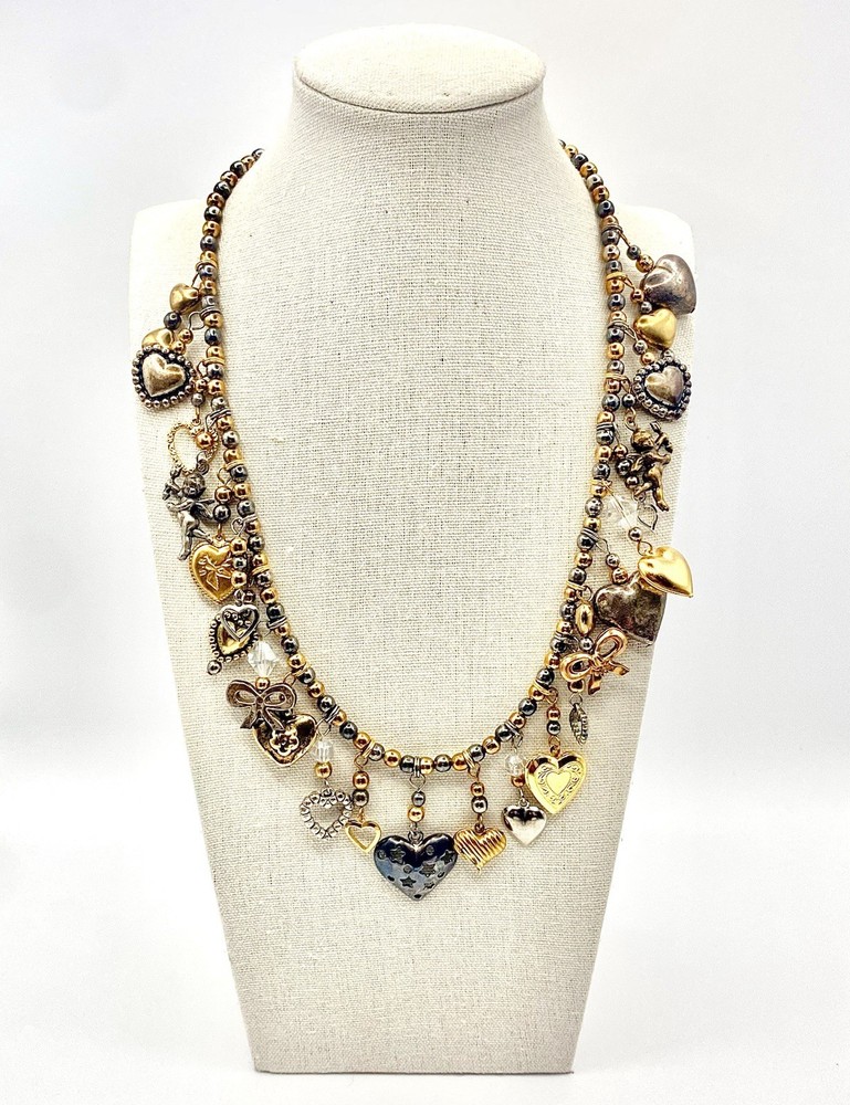 Vtg Estate Silver Bronze Gold Tone 24 Charms Necklace Glass Works Studio Style