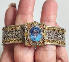 Antique JJ White Art Deco Rhodium/Gold Filigree Hinge Bracelet Blue Czech Stone
