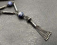 VTG Sterling Silver Tassel Blue Stone Niello Foxtail Chain Boho Necklace 26” 60g