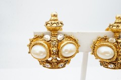 Vintage Graziano Clip On Earrings Gold Tone Faux Pearl Rhinestone Crown