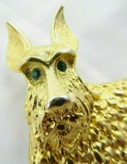 2″ Green-Eyed Scottie Dog Brooch Shaggy Fluffy Rhinestone Gold-Colored Puppy