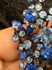 Vintage Austria Rhinestone Flower Brooch Blue Black Enamel READ