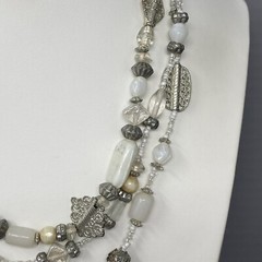 Layered Beaded Necklace Acrylic Glass White Silver Multi Strand Collar Boho 19″