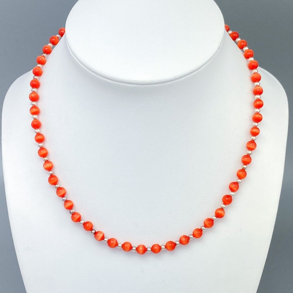 Red Cat Eye Beaded Necklace | Sterling Silver 925 | 16-17.75″