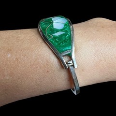 Vintage Alpaca Mexico Abalone Bangle Bracelet Silver Tone 7.5″ Green Enamel