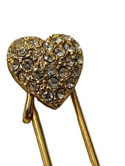 Puffy 3D Heart Rhinestone Gold Tone Saftey Pin Brooch Vintage Clip Fastener