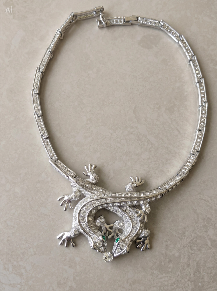 Vtg Snake Necklece 116g Double Lizard Crystal Collar Statement Choker