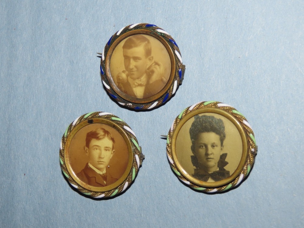 c.1890 MAN ON PHONE (CANDLESTICK) PHOTO MINI 3 PIN BROOCHES ENAMEL VICTORIAN