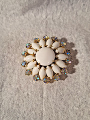 Vtg DeLizza-Elster-Juliana Blue & Cream Milk Glass & AB Stones Cabochon Brooches