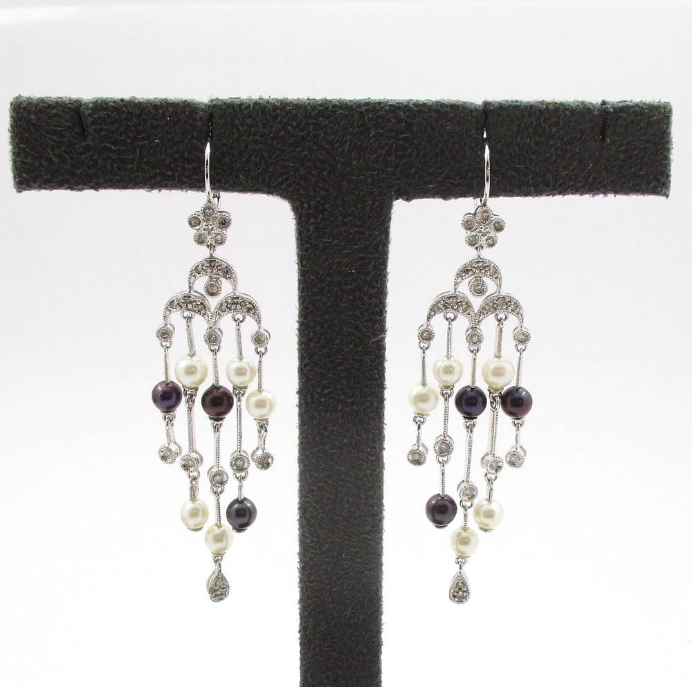 0.25CTW Diamond Black & White Pearl Dangle Earrings 14 Karat White Gold
