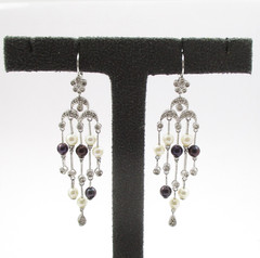 0.25CTW Diamond Black & White Pearl Dangle Earrings 14 Karat White Gold