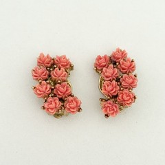 Vintage Faux Coral Carved Celluloid Rose Flower Climber Clip On Earrings 1″