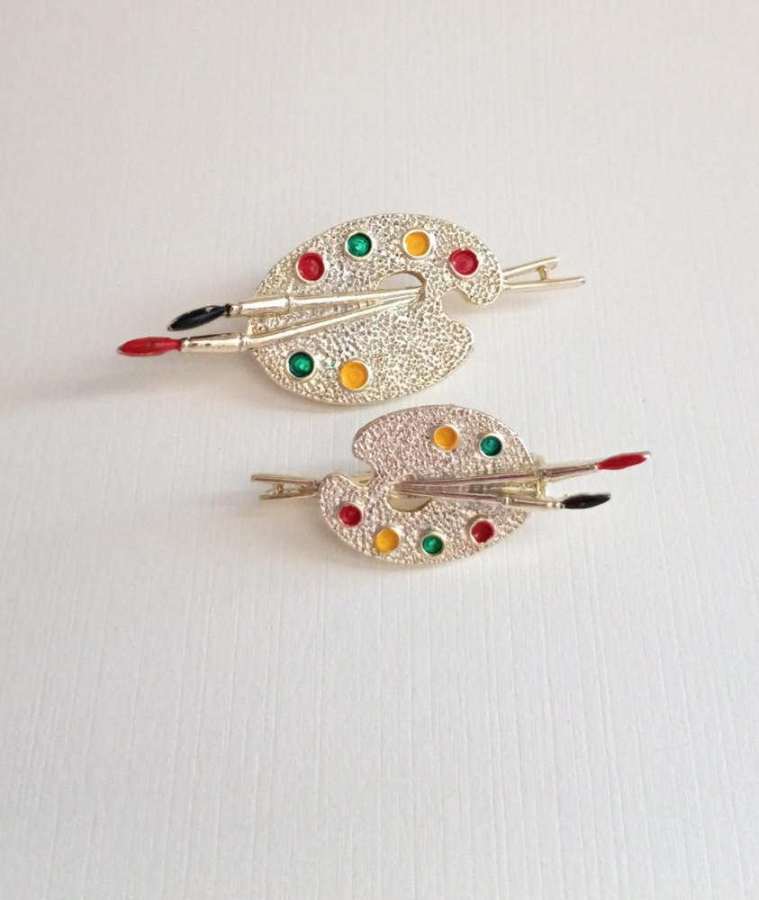 2- GERRY’S Artists Palette Signed Gold Tone Paint Brush Brooch Pins