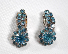Vintage Clip-on Earrings Blue Rhinestone Silver Tone Glamorous Party