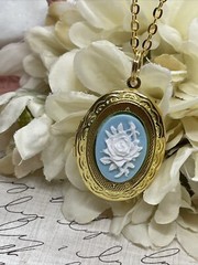 Blue White Easter Spring Wedding ROSE Cameo Locket Pendant Necklace Woman Gold