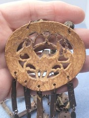A set of tribal-style wooden and metal jewelry pendant necklace 26in Earrings.