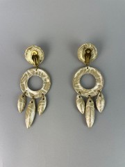 Vintage 80s HUGE Leather and Rhinestone beaded Clip earrings STATEMENT 5″ X 1.8″