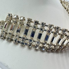 Vintage Mid Century Clear Rhinestone Baguette Choker Necklace Silver Tone Wide