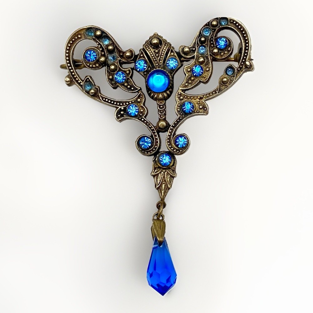 Vintage Victorian Revival Blue Glass Dangle Brooch Moonglow Cabochon Brass Pin