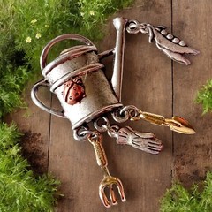 Gardening Charm Brooch Silver Tone Vintage Gardener Tools Watering Can Pin