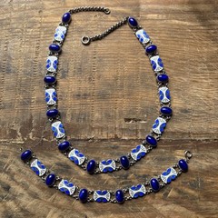 VINTAGE NORWEGIAN ENAMEL & STERLING SILVER NECKLACE & BRACELET Set Cobalt