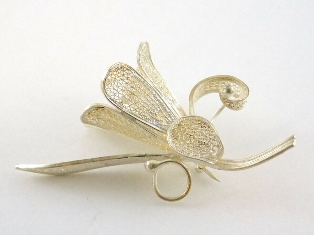 Vintage Sterling Silver Filigree Flower Brooch Figural Floral Pin 925 8g 2.25 In