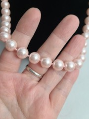 Stunning Vintage Estate Knotted Light Pink Glass Pearl Necklace Gold Clasp Class