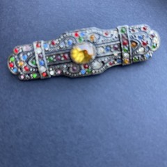 Vintage 1930s Art Deco Czech Rainbow Rhinestone Bar Brooch & Dress Clip Lot