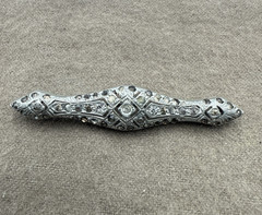 Antique Silver Tone Filigree Brooch Pin w/Rhinestones