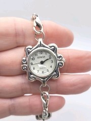 GENEVA Quartz Silver Tone Watch Jade Gemstone Beads Braslet 7.5in.